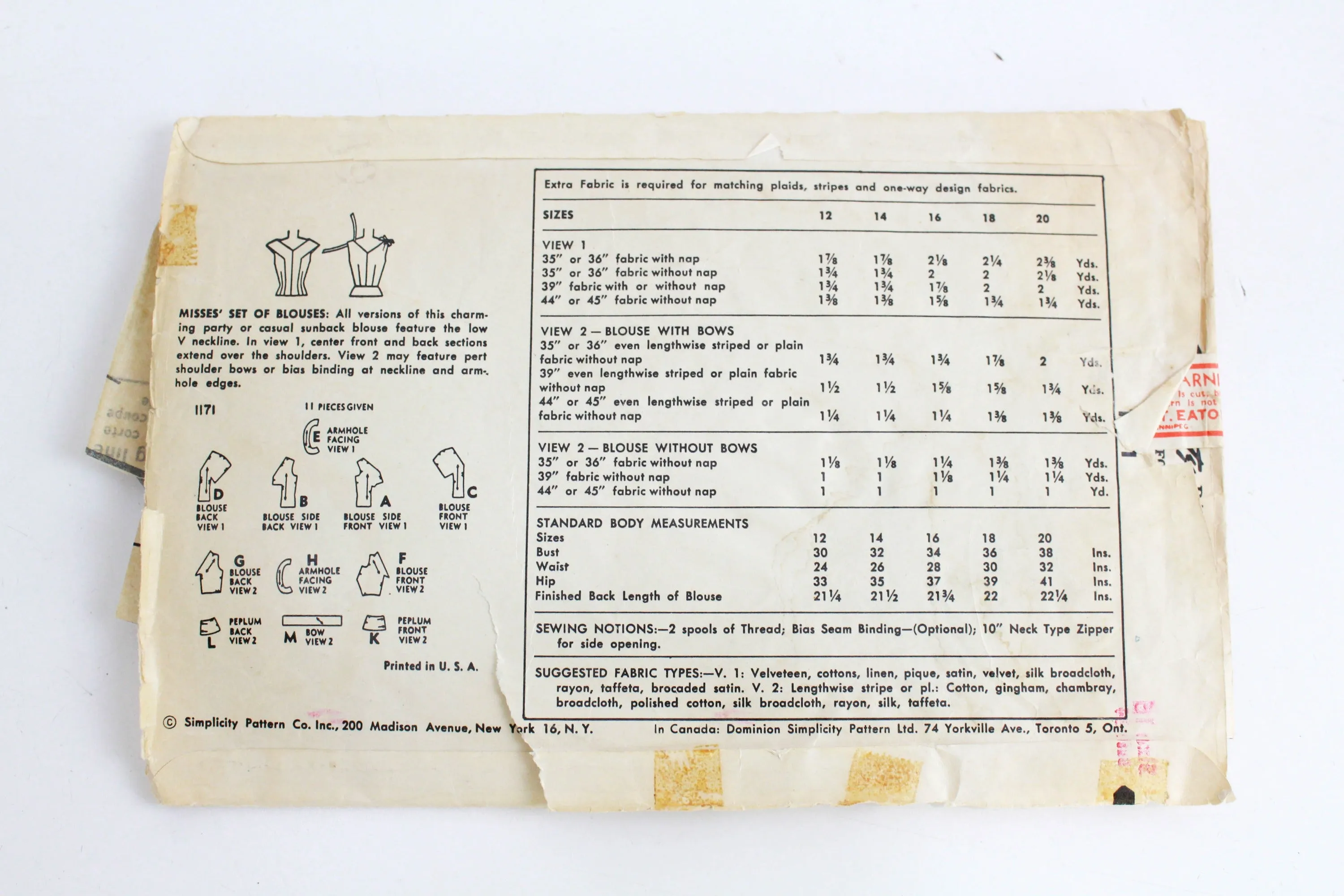 1950s Womens Set of Blouses Simplicity 1171, Bust 34