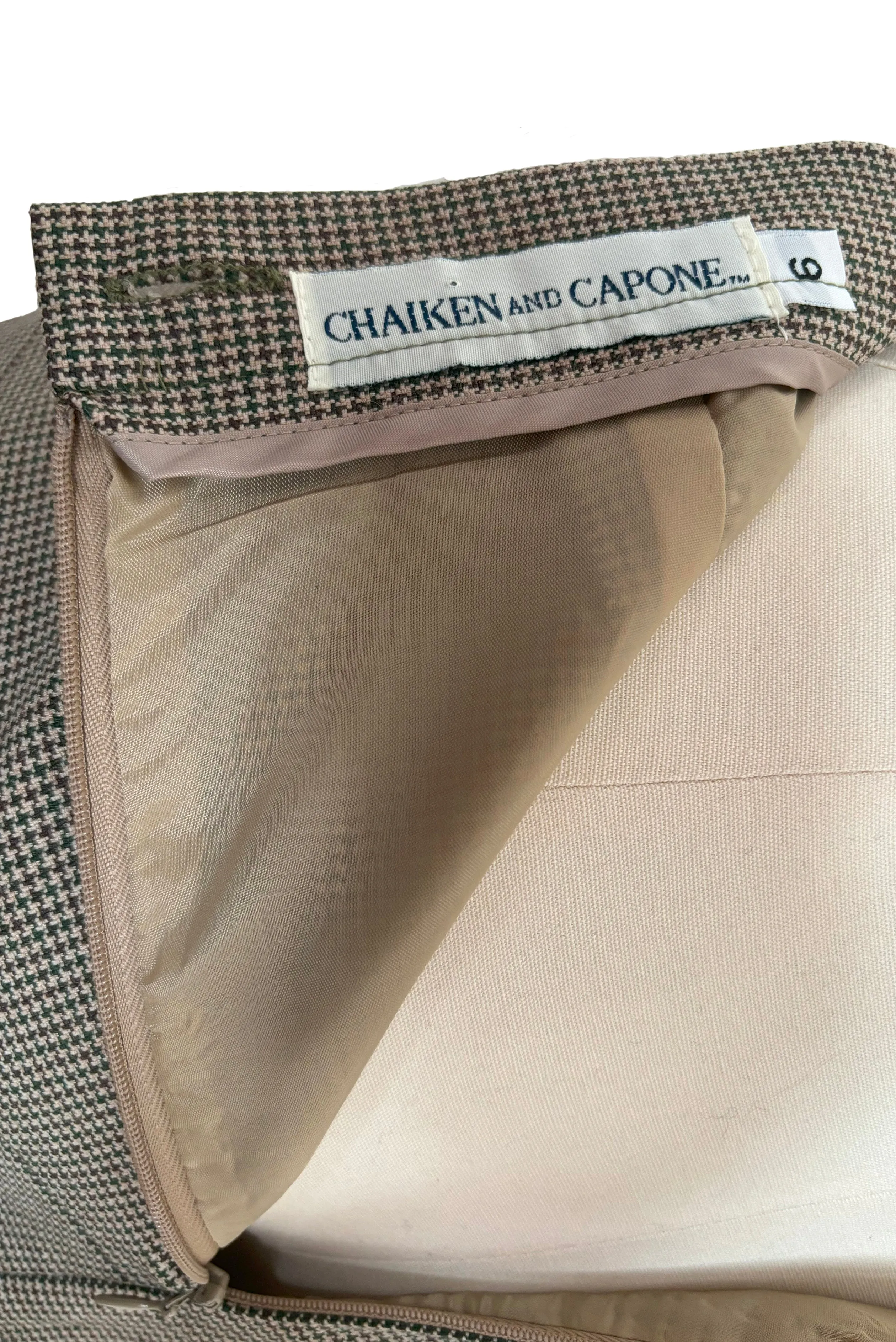 1990s Vintage Brown and Green Houndstooth Pencil Skirt by Chaiken and Capone, Small to Medium