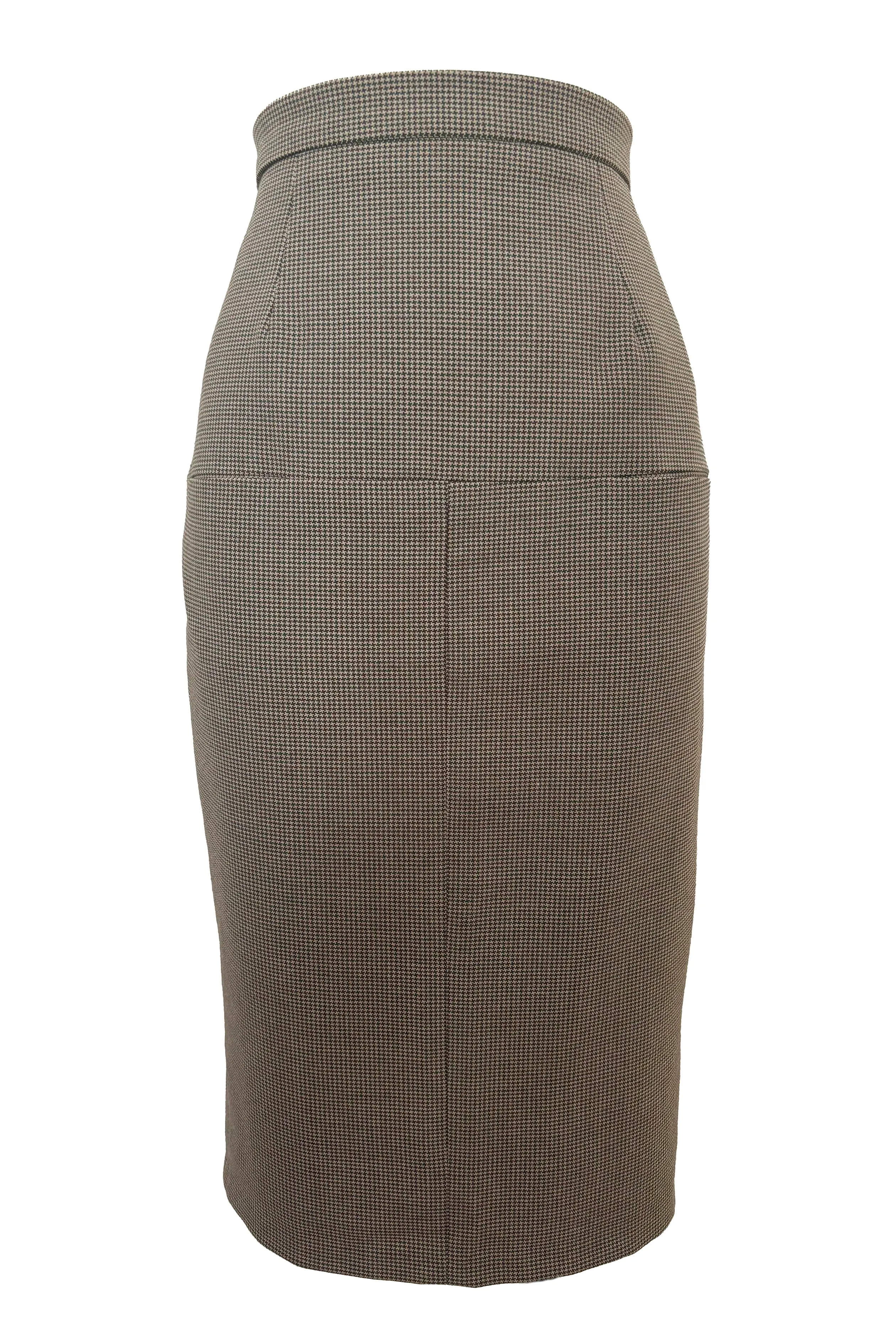 1990s Vintage Brown and Green Houndstooth Pencil Skirt by Chaiken and Capone, Small to Medium