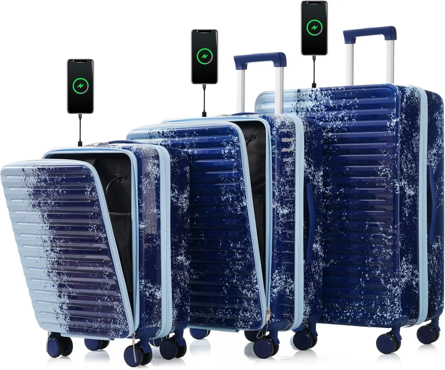 3-Piece Hard Shell Luggage Set with USB Interface and Front Pocket, Gradient Blue