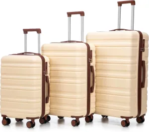 3-Piece Hardshell Luggage Set, 20/24/28 Inch Spinner Suitcases with TSA Lock, Cream/Brown, 360 Wheels