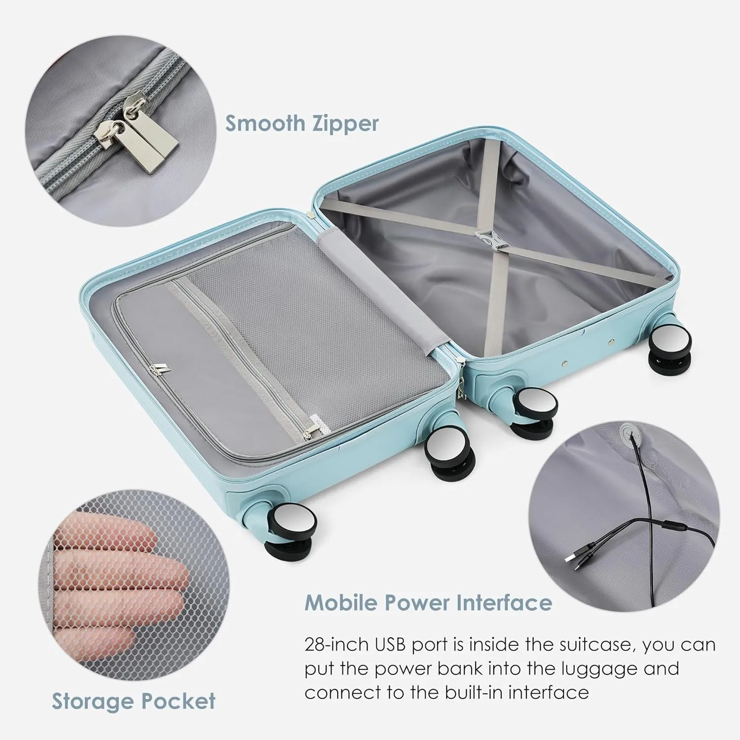 3 Piece Luggage Set with USB Charging Port, Front-Opening Design with Cup Holder,TSA Lock, ABS Hardshell Carry-On, Silent Spinner Wheels,20/24/28 Inch (Blue)