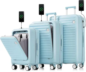 3 Piece Luggage Set with USB Charging Port, Front-Opening Design with Cup Holder,TSA Lock, ABS Hardshell Carry-On, Silent Spinner Wheels,20/24/28 Inch (Blue)
