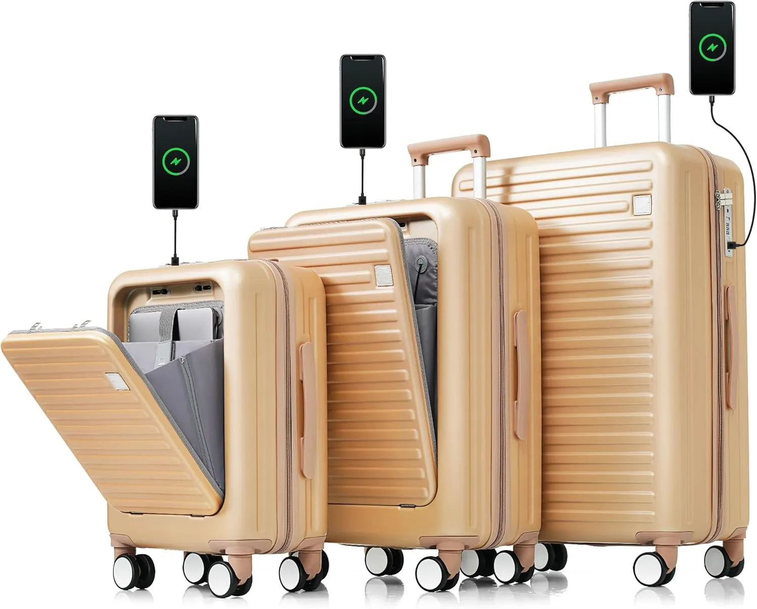 3 Piece Luggage Set with USB Charging Port, Front-Opening Design with Cup Holder,TSA Lock, ABS Hardshell Carry-On, Silent Spinner Wheels,20/24/28 Inch (Champagne)
