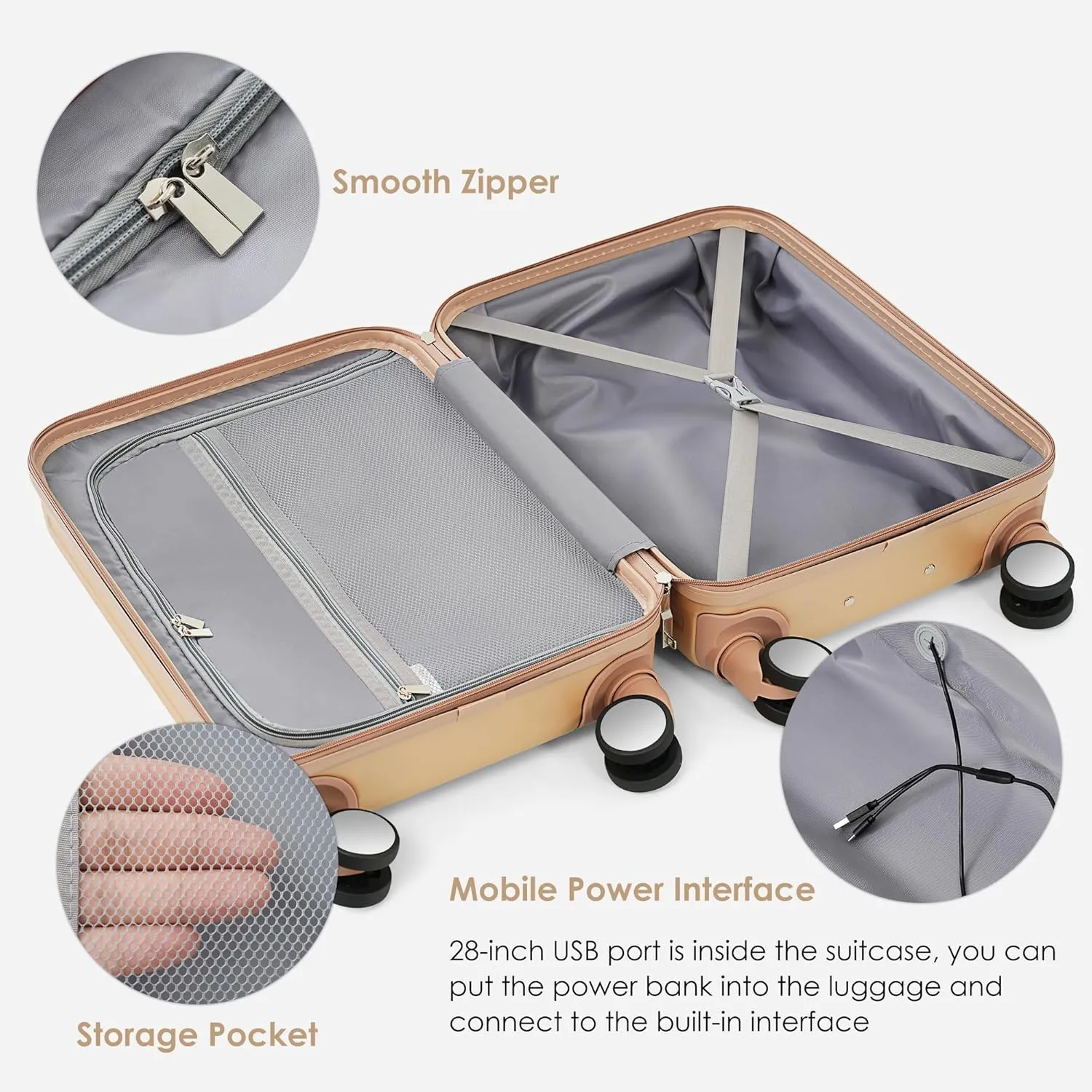 3 Piece Luggage Set with USB Charging Port, Front-Opening Design with Cup Holder,TSA Lock, ABS Hardshell Carry-On, Silent Spinner Wheels,20/24/28 Inch (Champagne)
