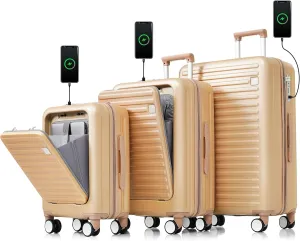 3 Piece Luggage Set with USB Charging Port, Front-Opening Design with Cup Holder,TSA Lock, ABS Hardshell Carry-On, Silent Spinner Wheels,20/24/28 Inch (Champagne)
