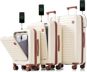 3 Piece Luggage Set with USB Charging Port, Front-Opening Design with Cup Holder,TSA Lock, ABS Hardshell Carry-On, Silent Spinner Wheels,20/24/28 Inch (Ivory)