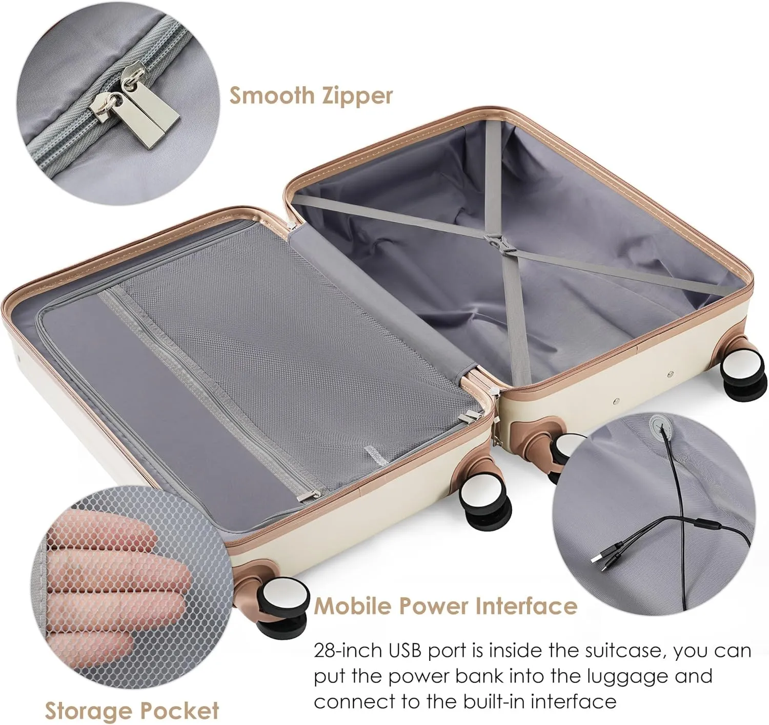 3 Piece Luggage Set with USB Charging Port, Front-Opening Design with Cup Holder,TSA Lock, ABS Hardshell Carry-On, Silent Spinner Wheels,20/24/28 Inch (Ivory)