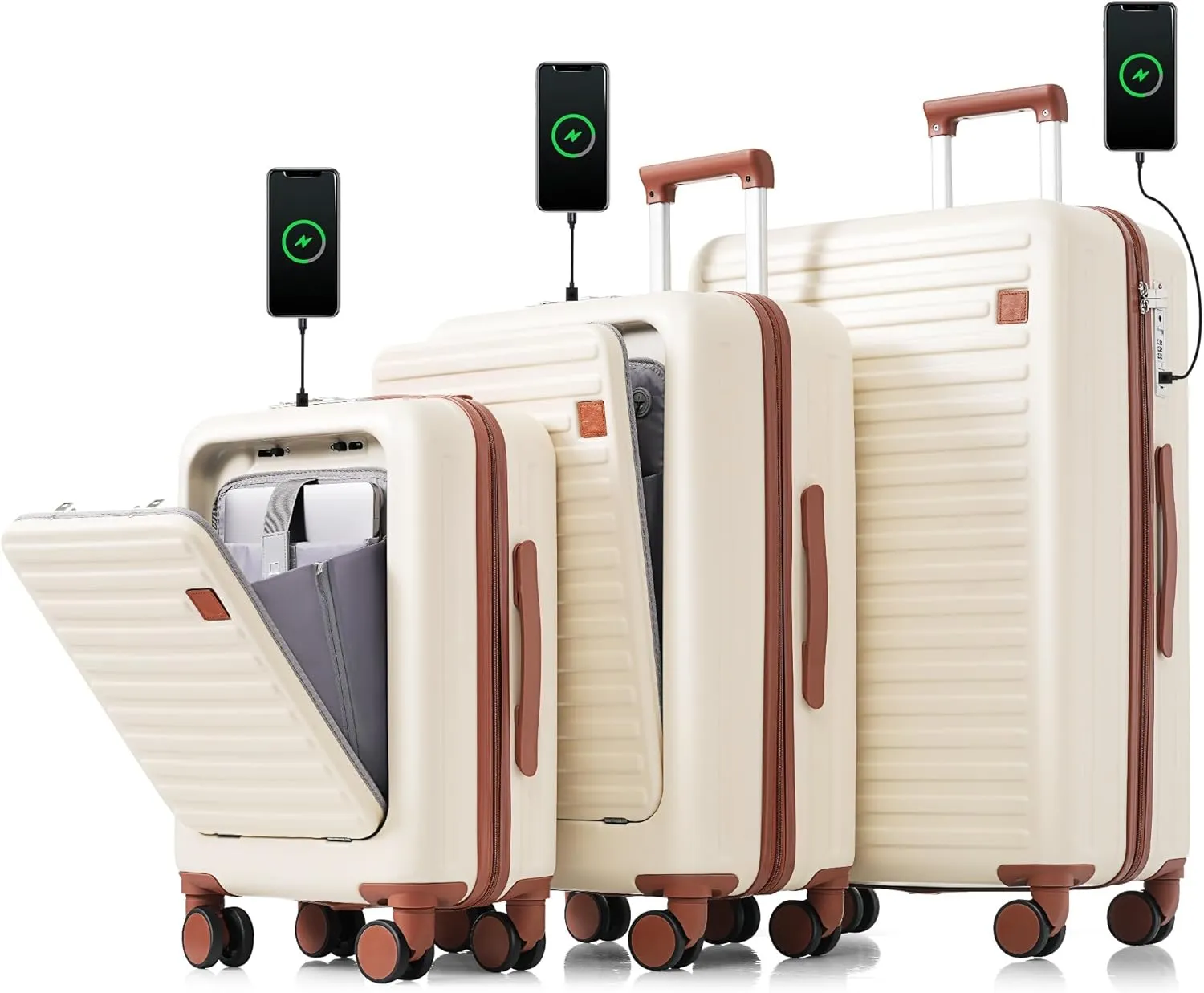 3 Piece Luggage Set with USB Charging Port, Front-Opening Design with Cup Holder,TSA Lock, ABS Hardshell Carry-On, Silent Spinner Wheels,20/24/28 Inch (Ivory)