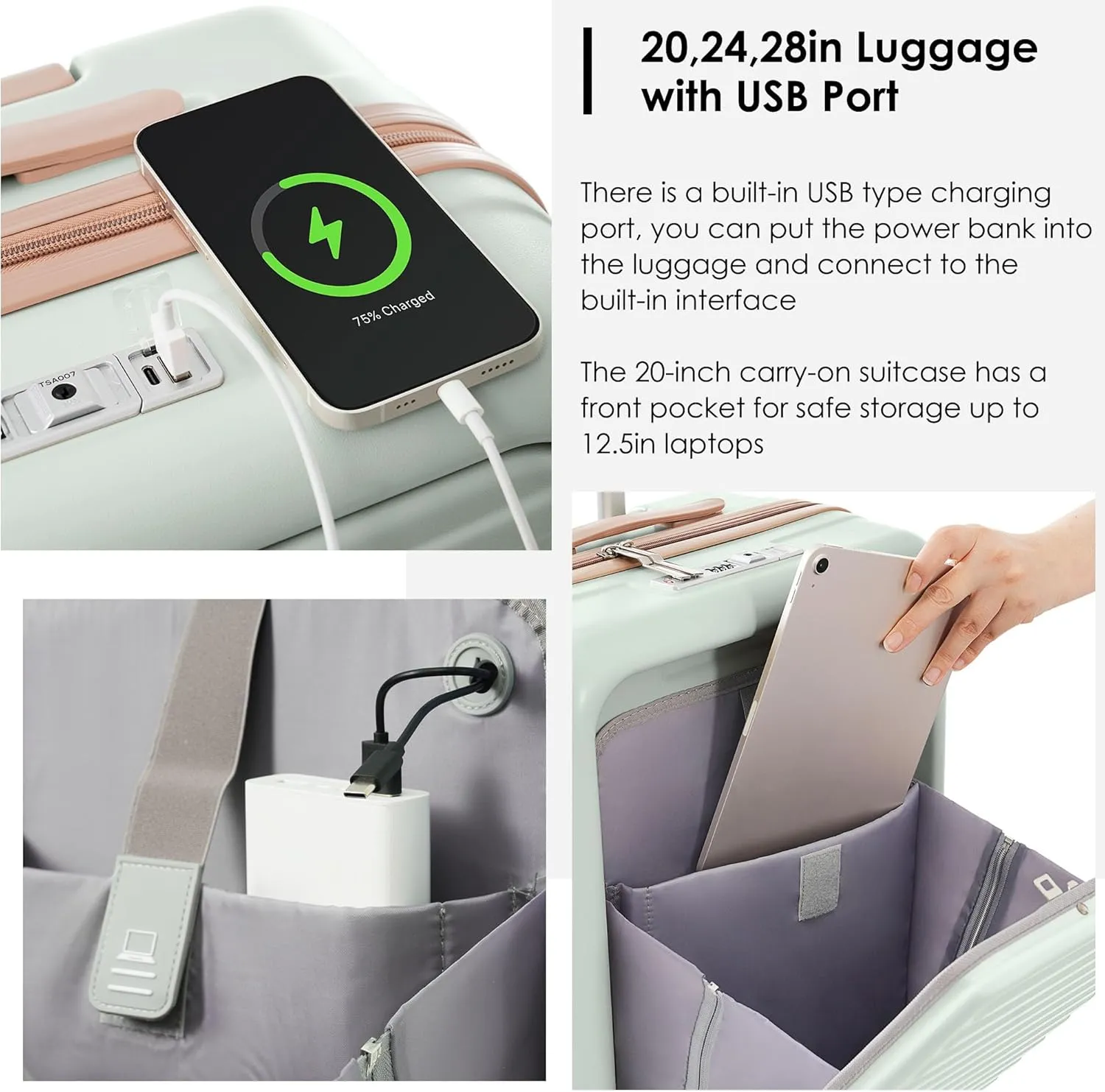 3 Piece Luggage Set with USB Charging Port, Front-Opening Design with Cup Holder,TSA Lock, ABS Hardshell Carry-On, Silent Spinner Wheels,20/24/28 Inch (Light Green)
