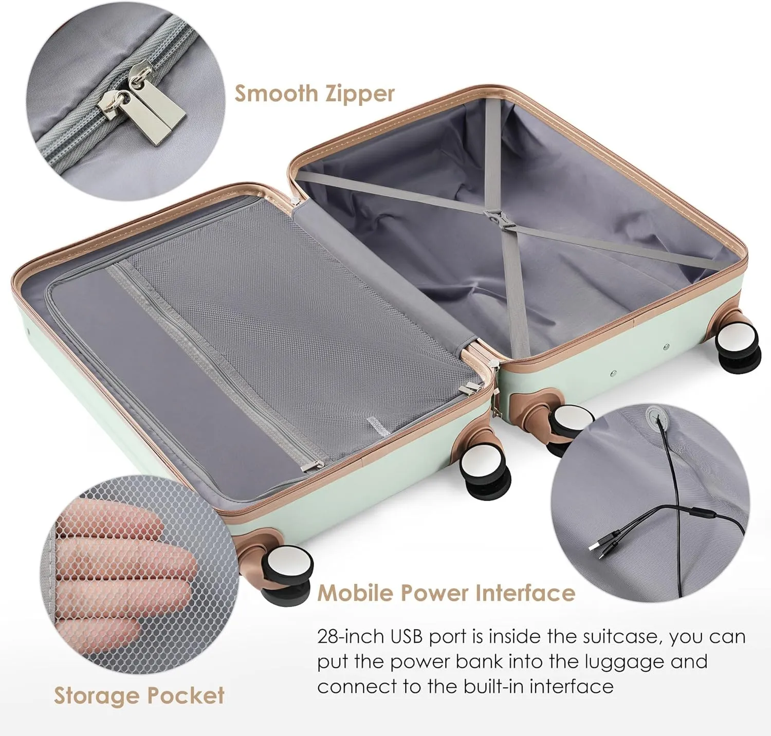 3 Piece Luggage Set with USB Charging Port, Front-Opening Design with Cup Holder,TSA Lock, ABS Hardshell Carry-On, Silent Spinner Wheels,20/24/28 Inch (Light Green)