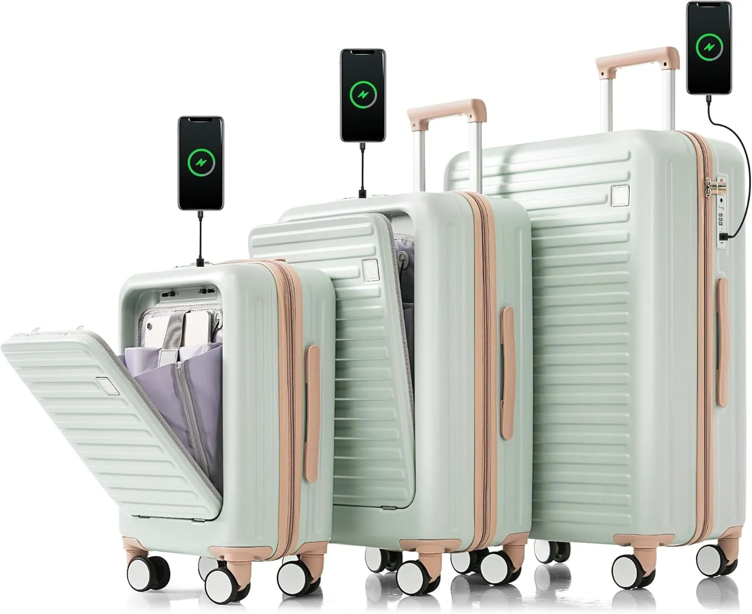 3 Piece Luggage Set with USB Charging Port, Front-Opening Design with Cup Holder,TSA Lock, ABS Hardshell Carry-On, Silent Spinner Wheels,20/24/28 Inch (Light Green)