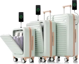 3 Piece Luggage Set with USB Charging Port, Front-Opening Design with Cup Holder,TSA Lock, ABS Hardshell Carry-On, Silent Spinner Wheels,20/24/28 Inch (Light Green)