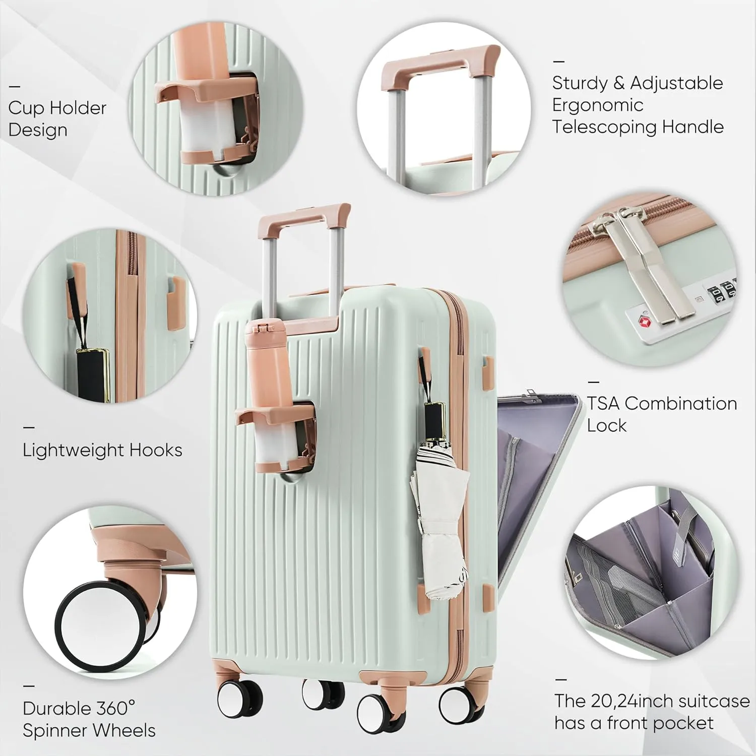 3 Piece Luggage Set with USB Charging Port, Front-Opening Design with Cup Holder,TSA Lock, ABS Hardshell Carry-On, Silent Spinner Wheels,20/24/28 Inch (Light Green)