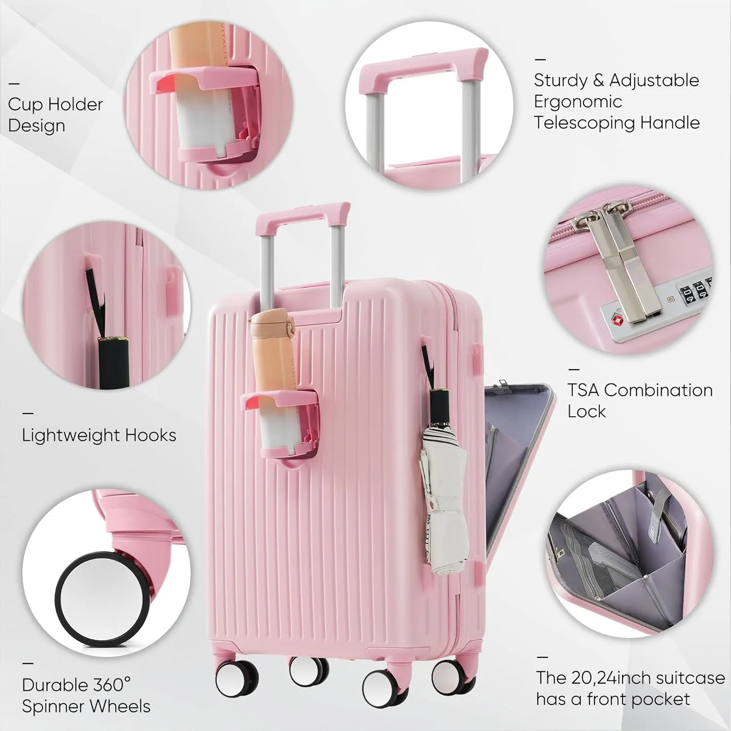 3 Piece Luggage Set with USB Charging Port, Front-Opening Design with Cup Holder,TSA Lock, ABS Hardshell Carry-On, Silent Spinner Wheels,20/24/28 Inch (Pink)