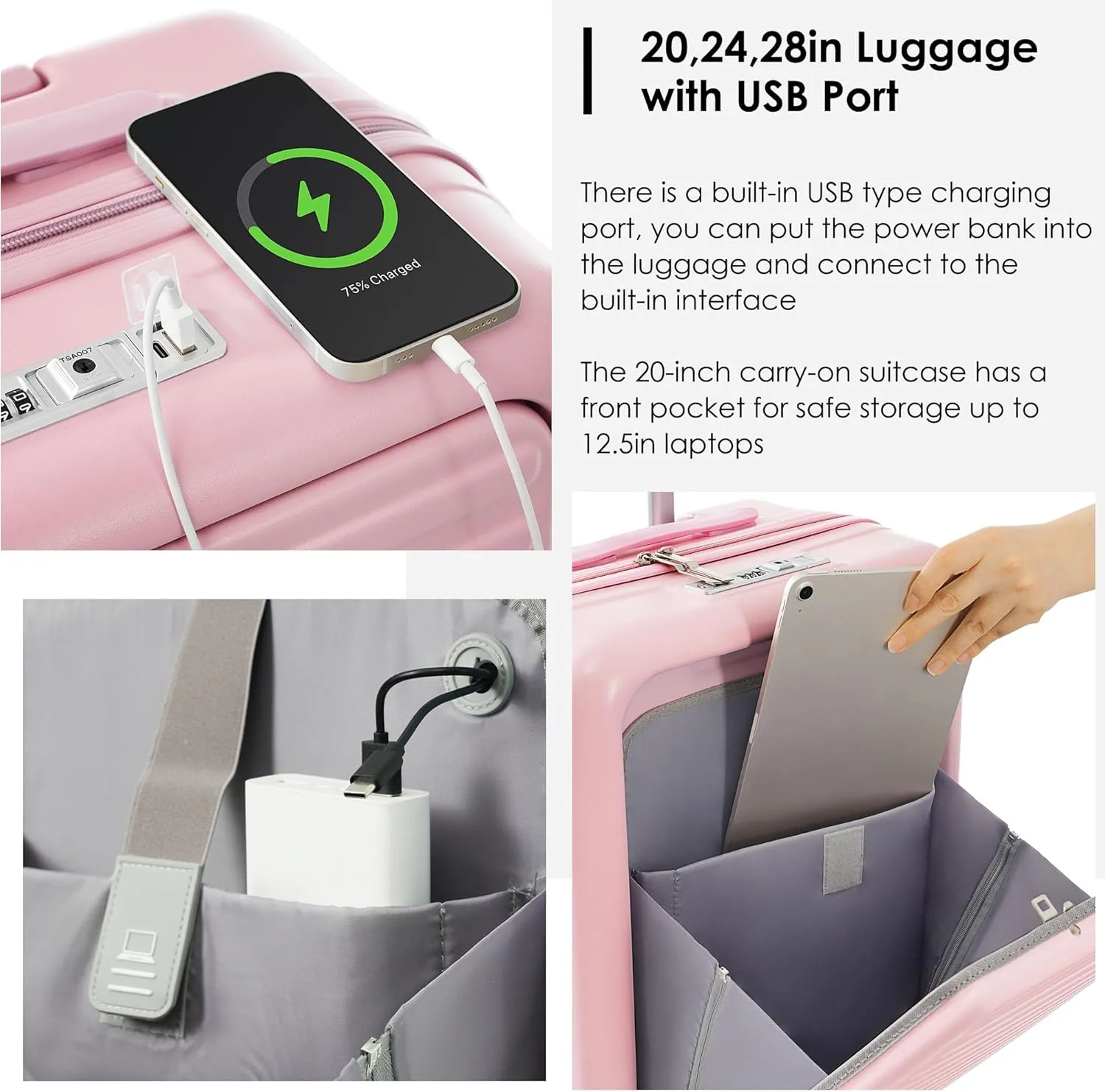 3 Piece Luggage Set with USB Charging Port, Front-Opening Design with Cup Holder,TSA Lock, ABS Hardshell Carry-On, Silent Spinner Wheels,20/24/28 Inch (Pink)
