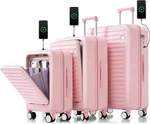 3 Piece Luggage Set with USB Charging Port, Front-Opening Design with Cup Holder,TSA Lock, ABS Hardshell Carry-On, Silent Spinner Wheels,20/24/28 Inch (Pink)