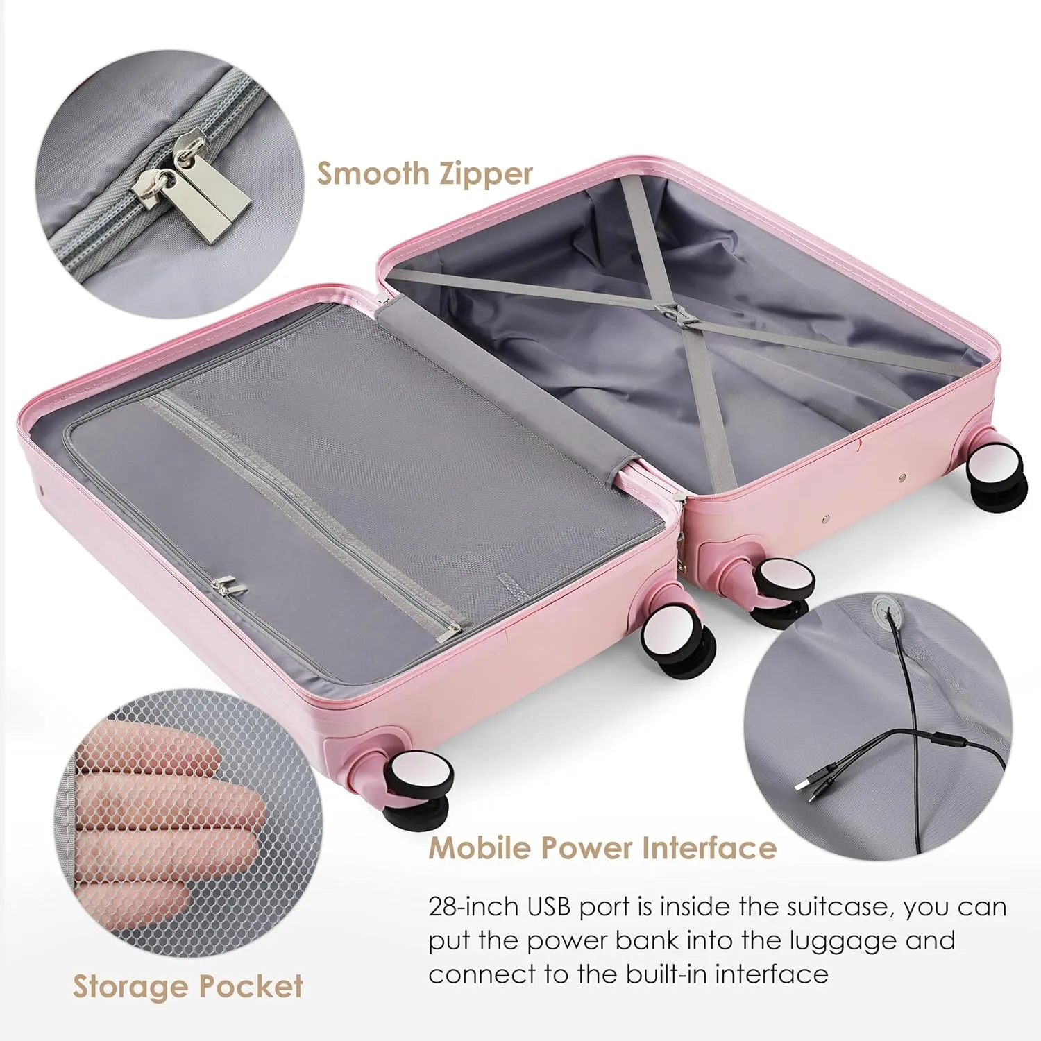 3 Piece Luggage Set with USB Charging Port, Front-Opening Design with Cup Holder,TSA Lock, ABS Hardshell Carry-On, Silent Spinner Wheels,20/24/28 Inch (Pink)