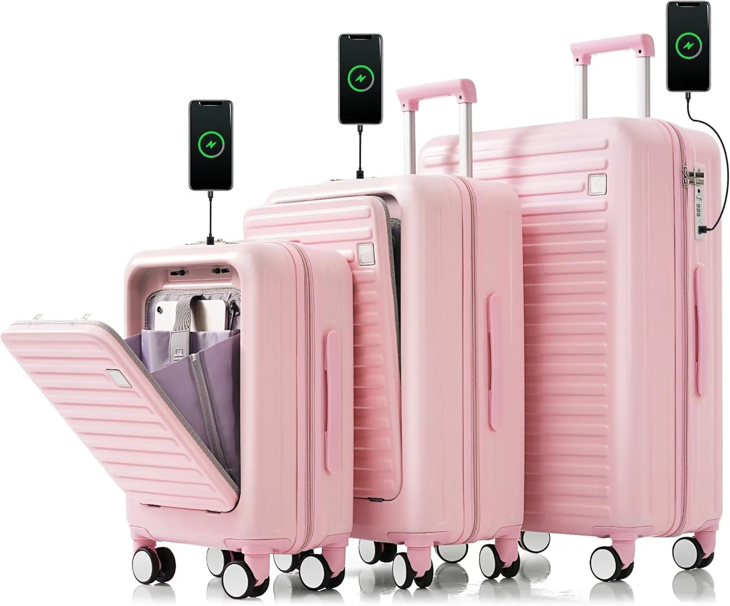 3 Piece Luggage Set with USB Charging Port, Front-Opening Design with Cup Holder,TSA Lock, ABS Hardshell Carry-On, Silent Spinner Wheels,20/24/28 Inch (Pink)