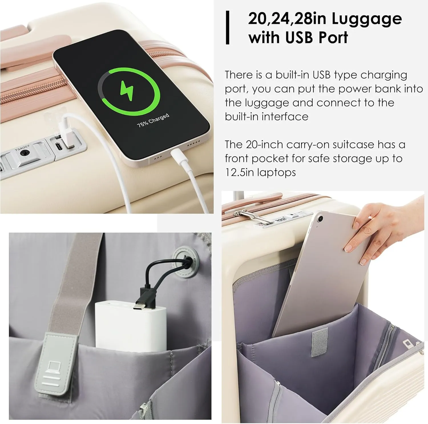 3 Piece Luggage Set with USB Charging Port, Front-Opening Design with Cup Holder,TSA Lock, ABS Hardshell Carry-On, Silent Spinner Wheels,20/24/28 Inch (White)