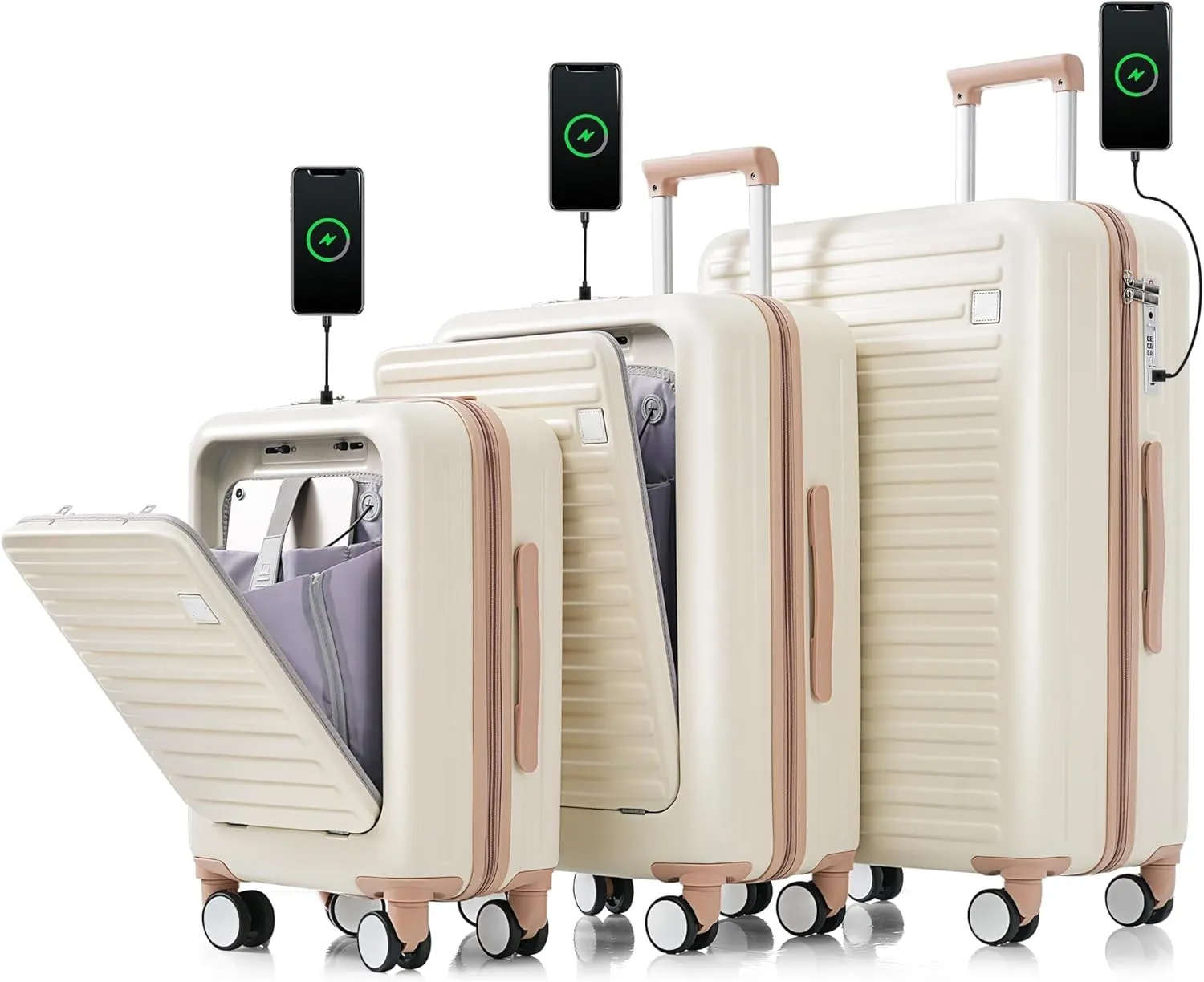 3 Piece Luggage Set with USB Charging Port, Front-Opening Design with Cup Holder,TSA Lock, ABS Hardshell Carry-On, Silent Spinner Wheels,20/24/28 Inch (White)