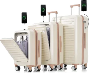 3 Piece Luggage Set with USB Charging Port, Front-Opening Design with Cup Holder,TSA Lock, ABS Hardshell Carry-On, Silent Spinner Wheels,20/24/28 Inch (White)