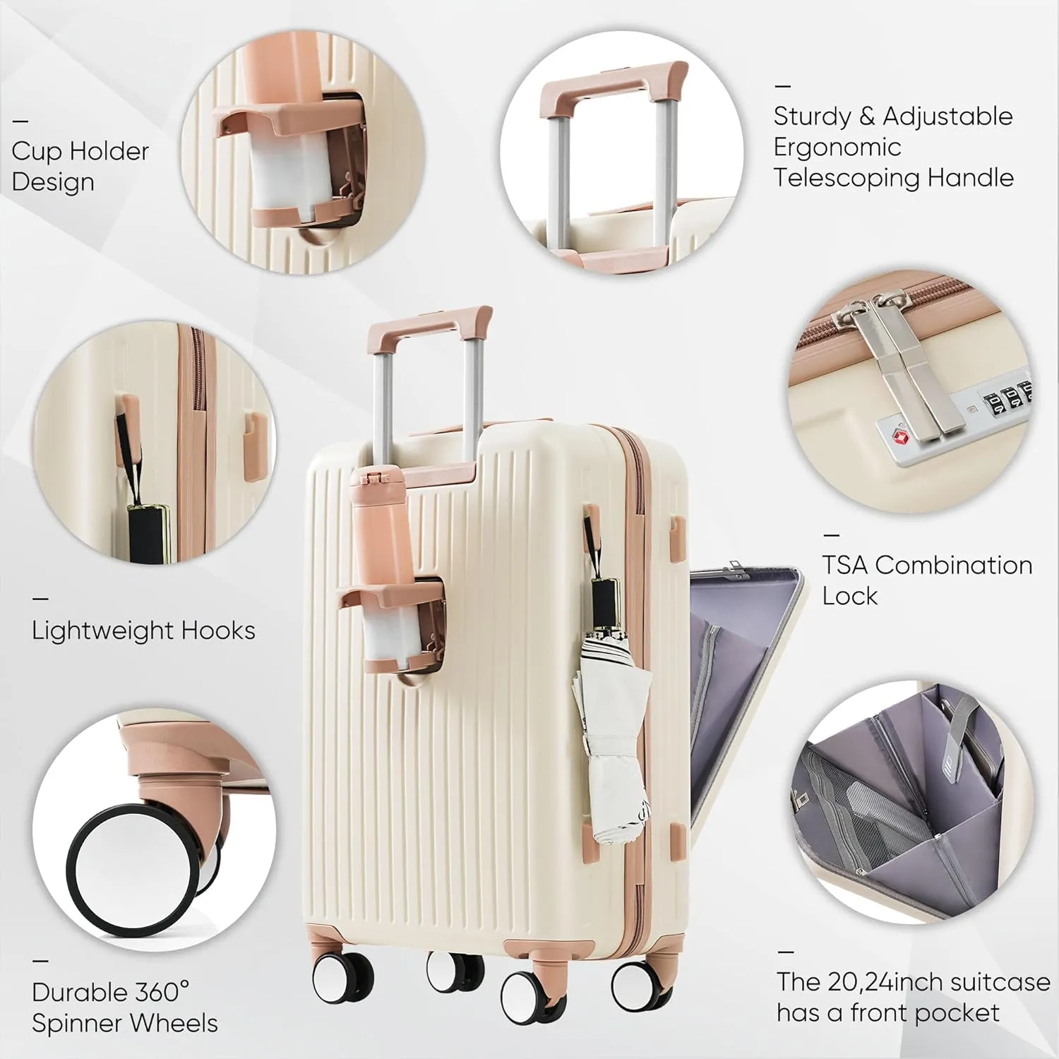 3 Piece Luggage Set with USB Charging Port, Front-Opening Design with Cup Holder,TSA Lock, ABS Hardshell Carry-On, Silent Spinner Wheels,20/24/28 Inch (White)