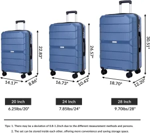 3-PieceHardshell Suitcase Spinner Wheels PP Luggage Sets Lightweight Durable Suitcase with TSA Lock, 20/24/28 Inch Spinner Suitcases (Blue   Polypropylene)