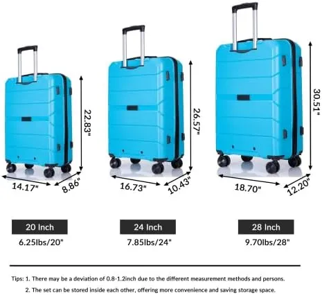 3-PieceHardshell Suitcase Spinner Wheels PP Luggage Sets Lightweight Durable Suitcase with TSA Lock, 20/24/28 Inch Spinner Suitcases (Light Blue   Polypropylene)