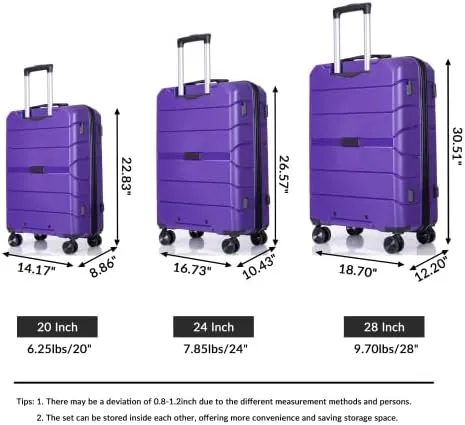 3-PieceHardshell Suitcase Spinner Wheels PP Luggage Sets Lightweight Durable Suitcase with TSA Lock, 20/24/28 Inch Spinner Suitcases (Purple   Polypropylene)