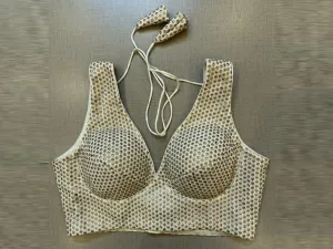 42A054 Cream Sequin Work Sleeveless Sari Blouse