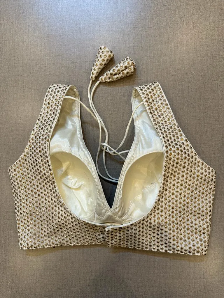 42A054 Cream Sequin Work Sleeveless Sari Blouse
