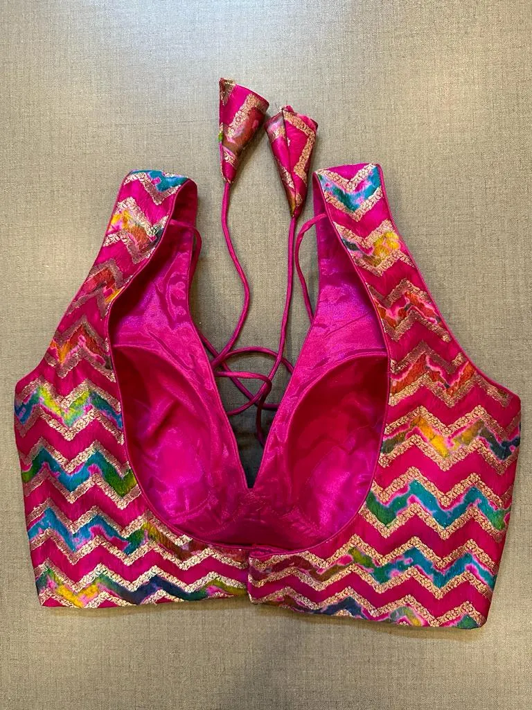 42A055 Pink Tie Dye Sleeveless Saree Blouse