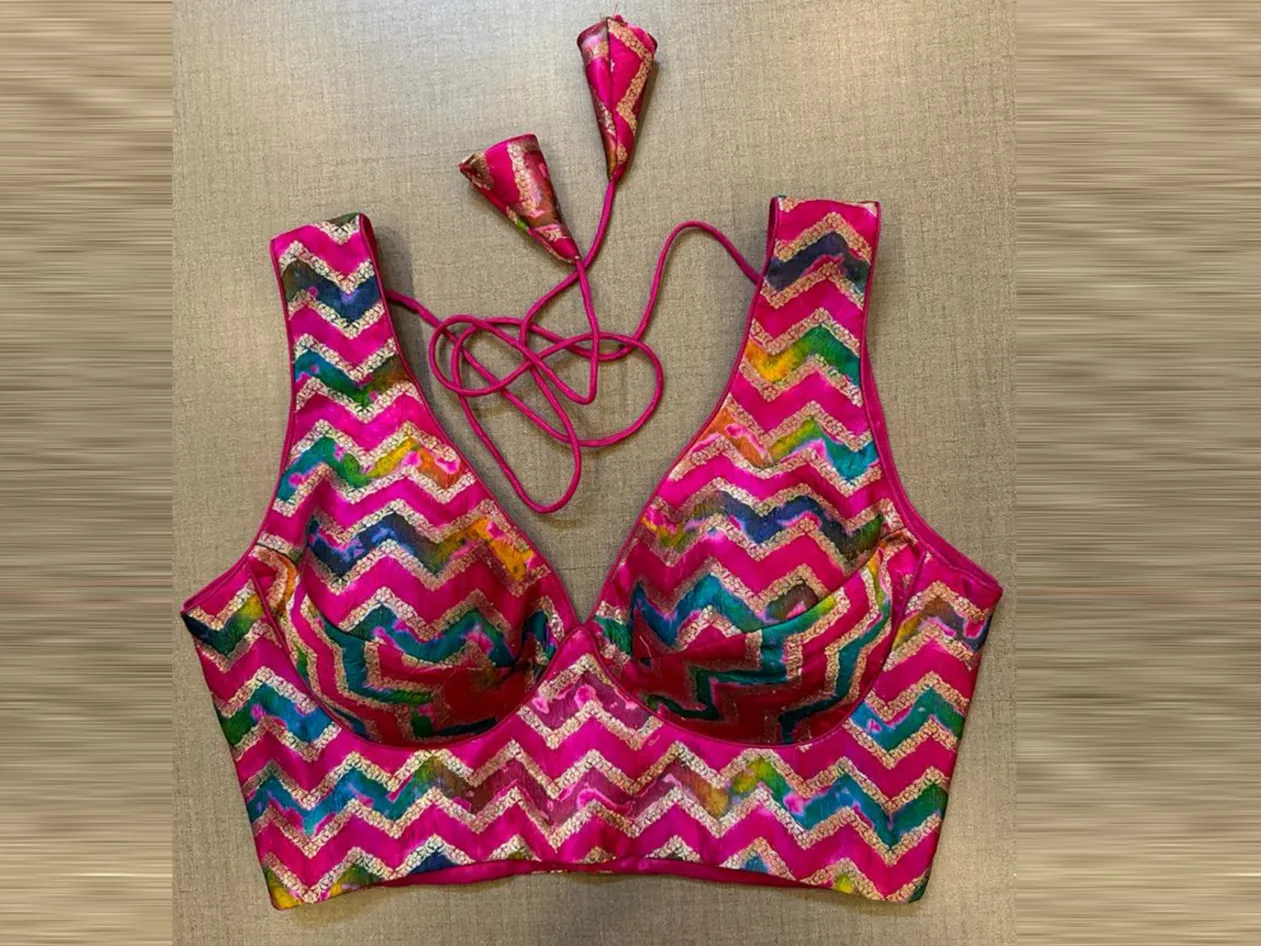 42A055 Pink Tie Dye Sleeveless Saree Blouse