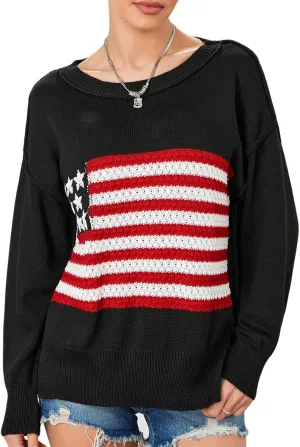 4th of July Vintage Sweater Long Sleeve Knit Pullover American Flag Sweatshirt Preppy Striped Sweaters