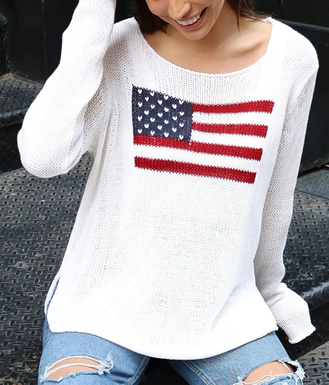 4th of July Vintage Sweater Long Sleeve Knit Pullover American Flag Sweatshirt Preppy Striped Sweaters