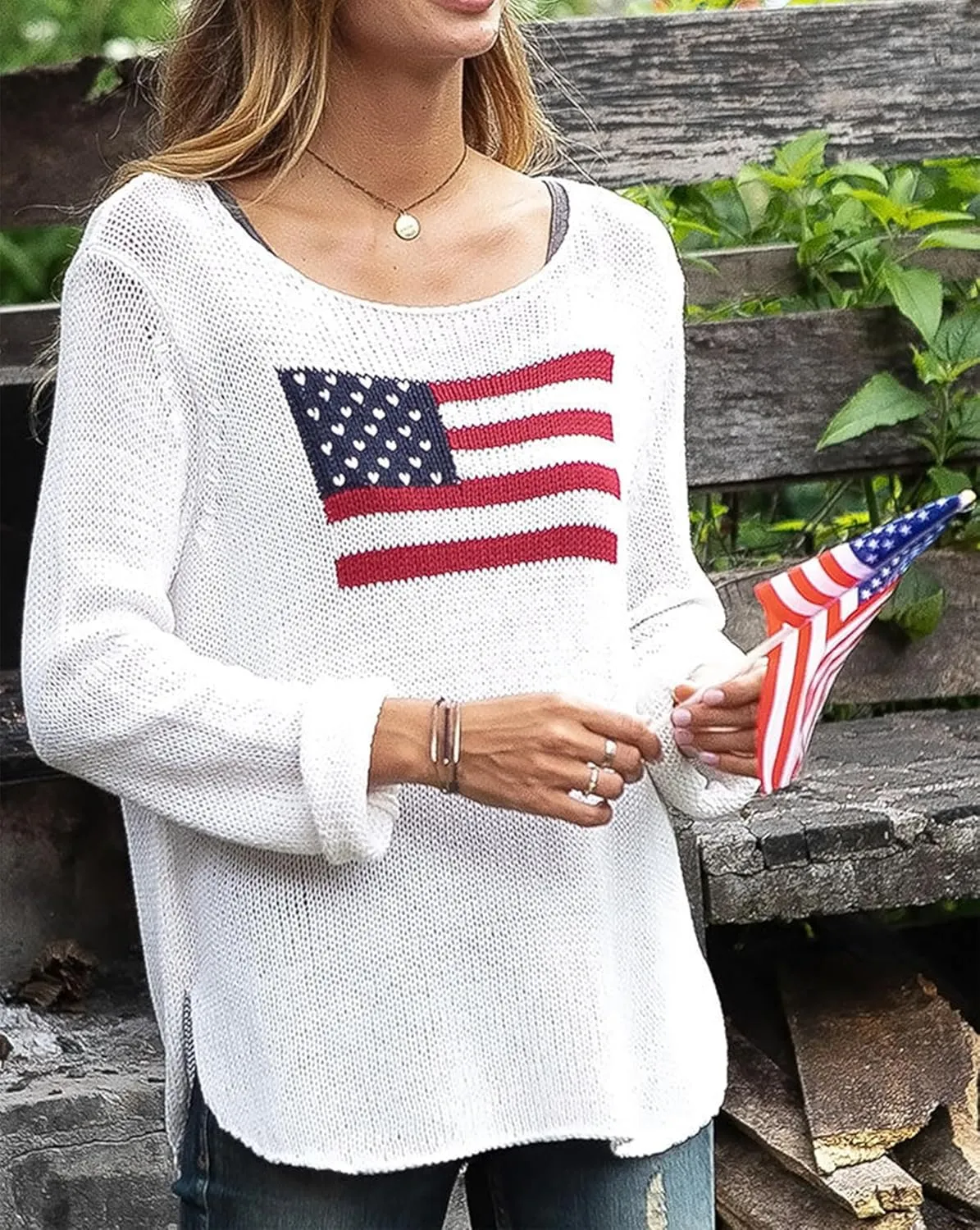 4th of July Vintage Sweater Long Sleeve Knit Pullover American Flag Sweatshirt Preppy Striped Sweaters