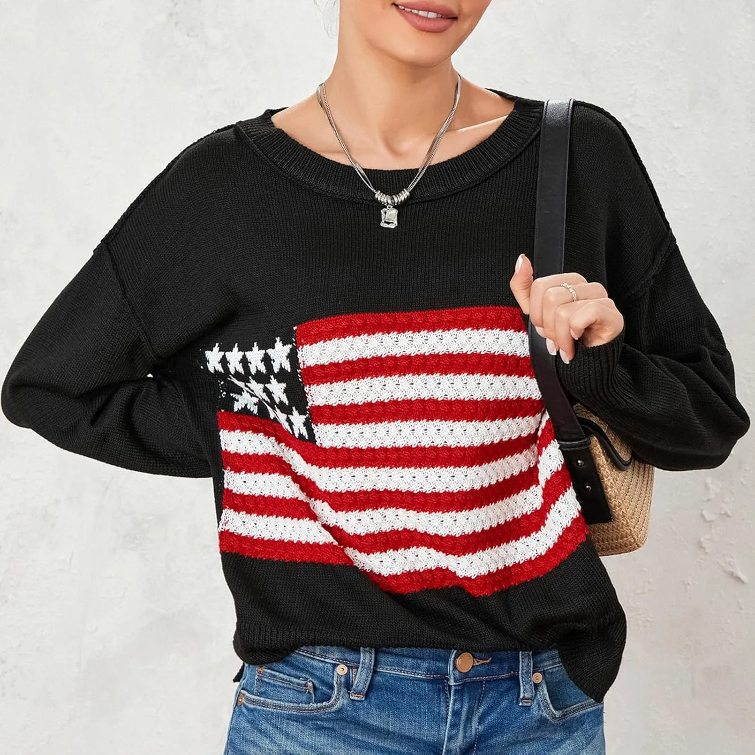 4th of July Vintage Sweater Long Sleeve Knit Pullover American Flag Sweatshirt Preppy Striped Sweaters