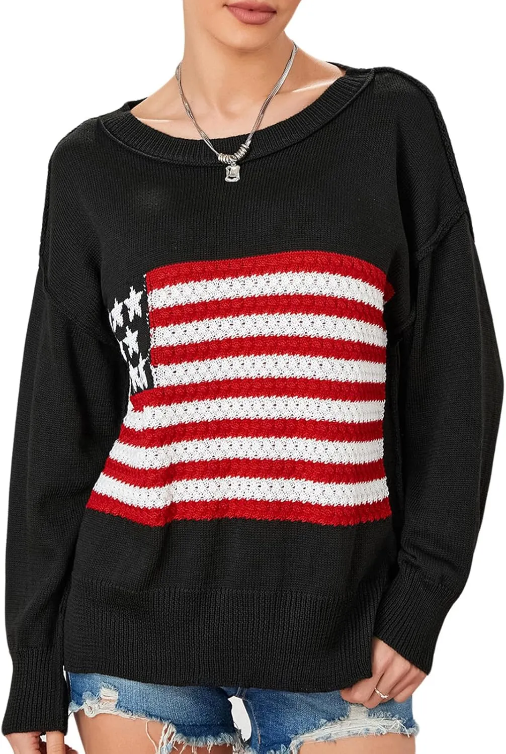 4th of July Vintage Sweater Long Sleeve Knit Pullover American Flag Sweatshirt Preppy Striped Sweaters