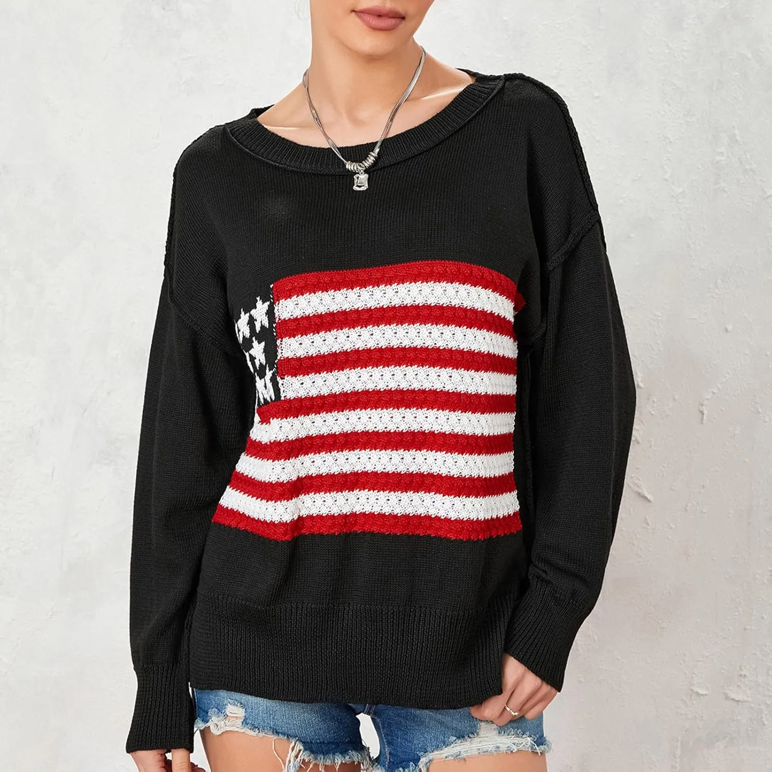 4th of July Vintage Sweater Long Sleeve Knit Pullover American Flag Sweatshirt Preppy Striped Sweaters