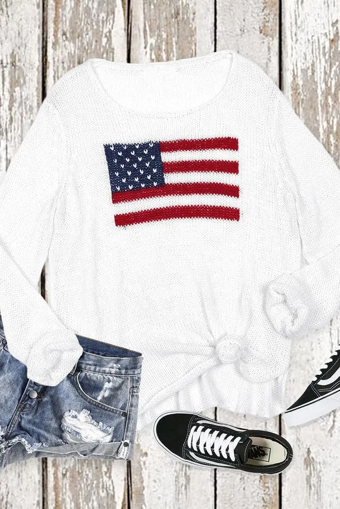 4th of July Vintage Sweater Long Sleeve Knit Pullover American Flag Sweatshirt Preppy Striped Sweaters