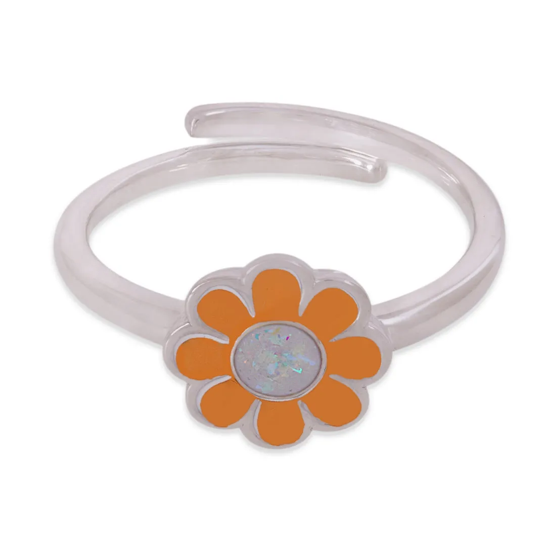 925 Sterling Silver Orange Daisy Rhodium Plated Ring For Kids
