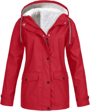 Active Hooded Rain Jackets Women's Fleece Lined Raincoat Waterproof Lightweight Outdoor Windbreaker Trench Rain Coats
