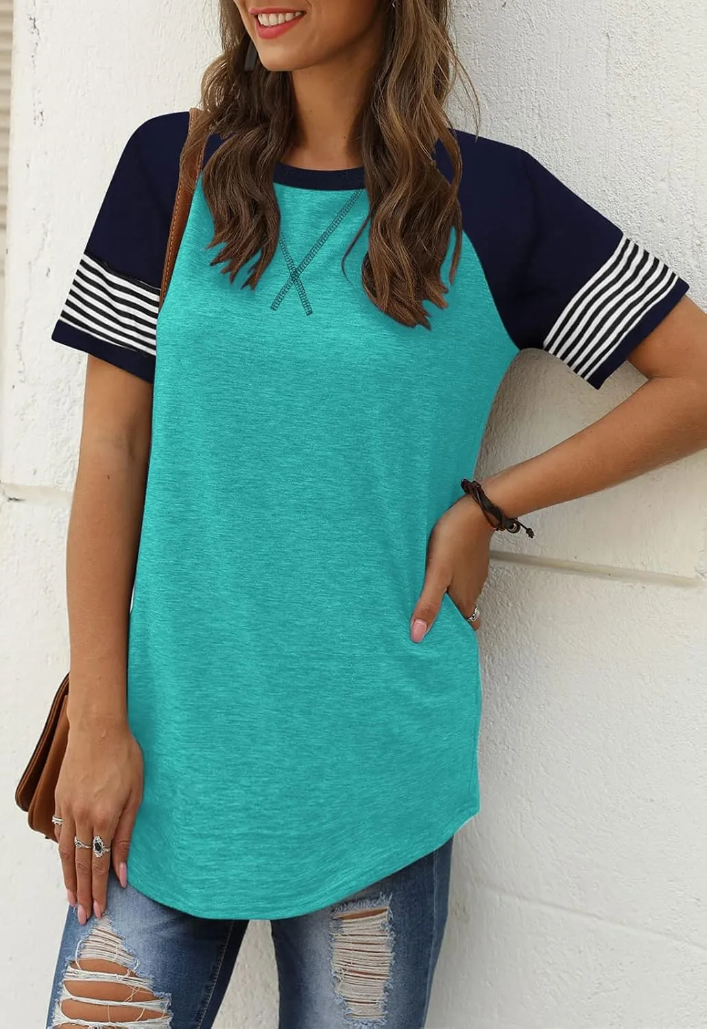 Adibosy Women Summer Casual Shirts: Short Sleeve Striped Tunic Tops - Womens Crew Neck Tee Tshirt Blouses