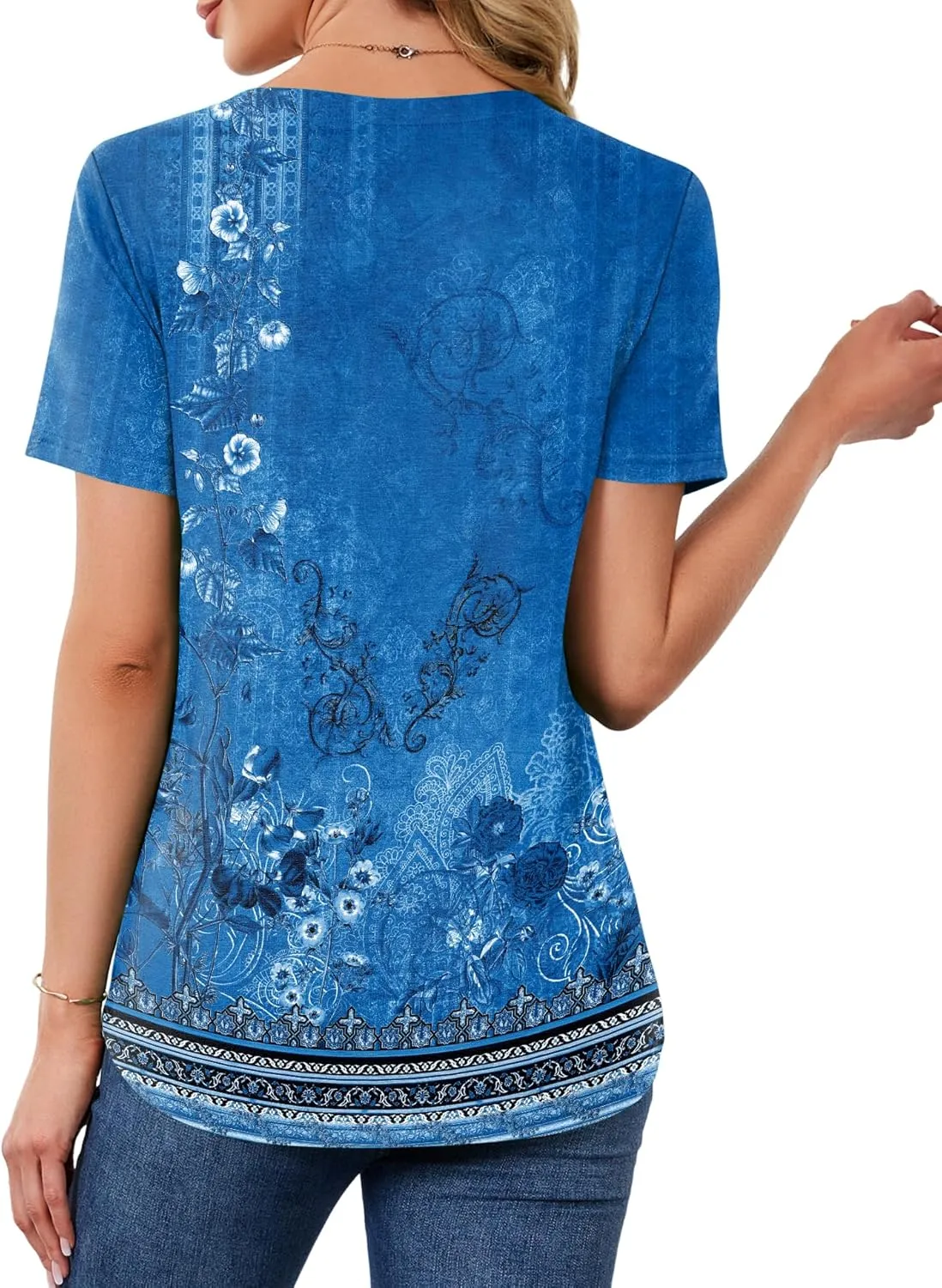 AKEWEI Short Sleeve Blouses for Women V Neck T Shirts Pleated Summer Dressy Casual Tops