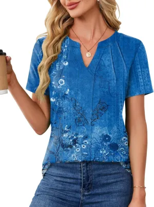 AKEWEI Short Sleeve Blouses for Women V Neck T Shirts Pleated Summer Dressy Casual Tops