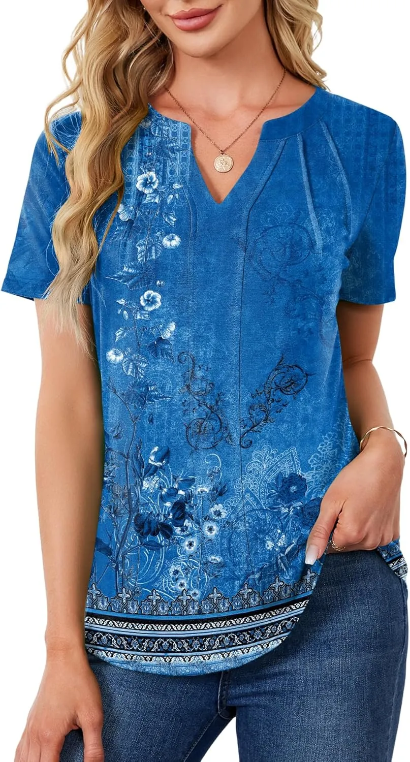 AKEWEI Short Sleeve Blouses for Women V Neck T Shirts Pleated Summer Dressy Casual Tops