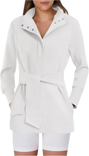 Akklian Womens Jacket Casual Long Sleeve Belted Wrap Trench Coat 2024 Fall Fashion Button Up Cropped Outerwear with Pockets