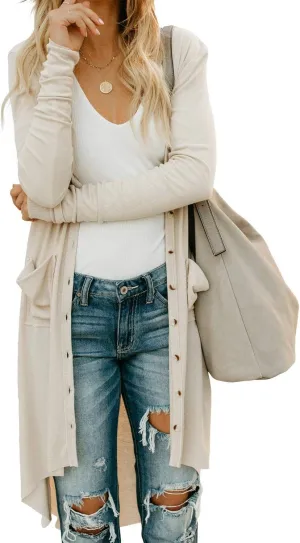 Alaster Queen Womens Open Front Cardigan Button Down High Low Hem Knitted Cardigan Outwear with Pockets