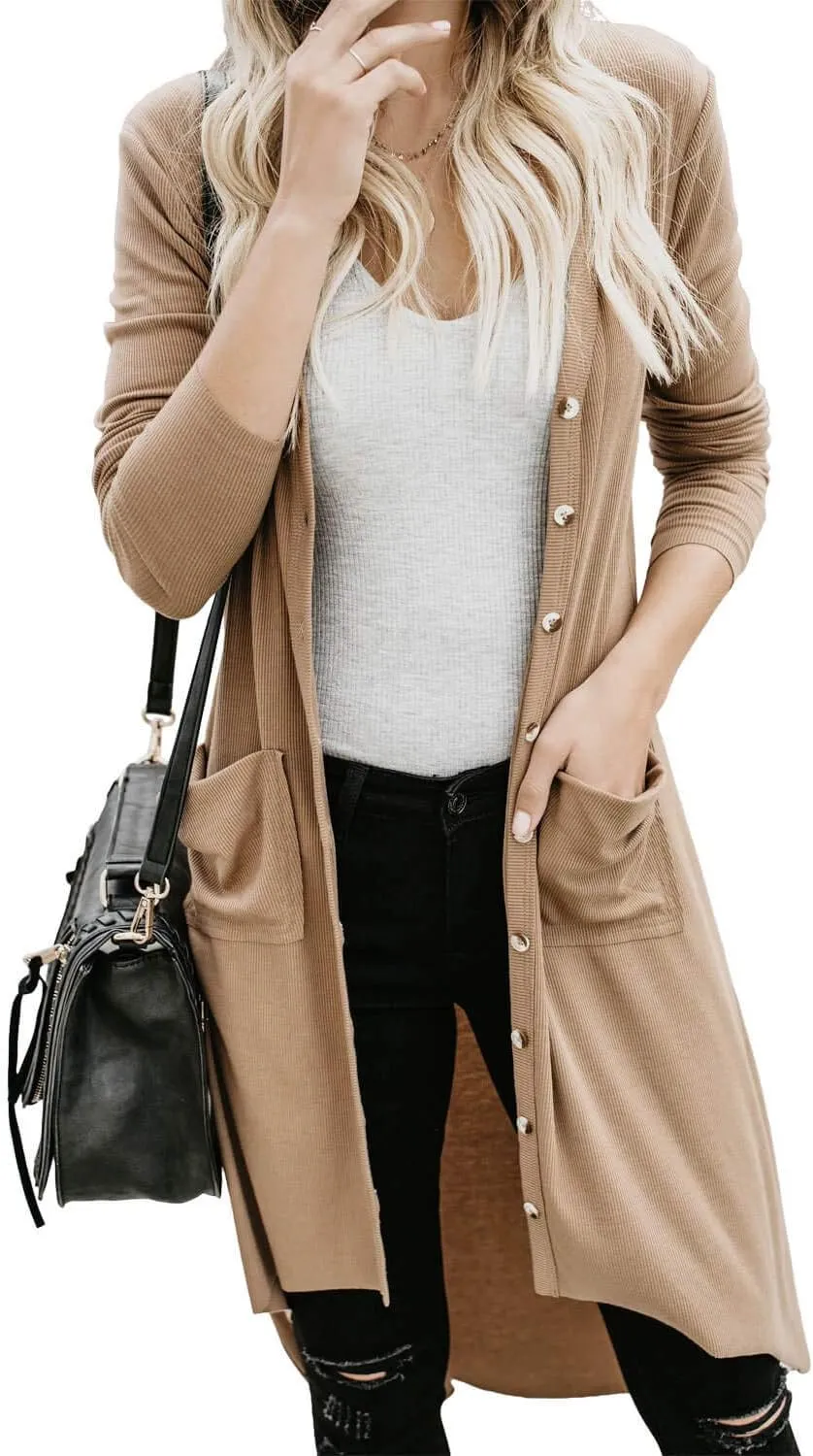 Alaster Queen Womens Open Front Cardigan Button Down High Low Hem Knitted Cardigan Outwear with Pockets
